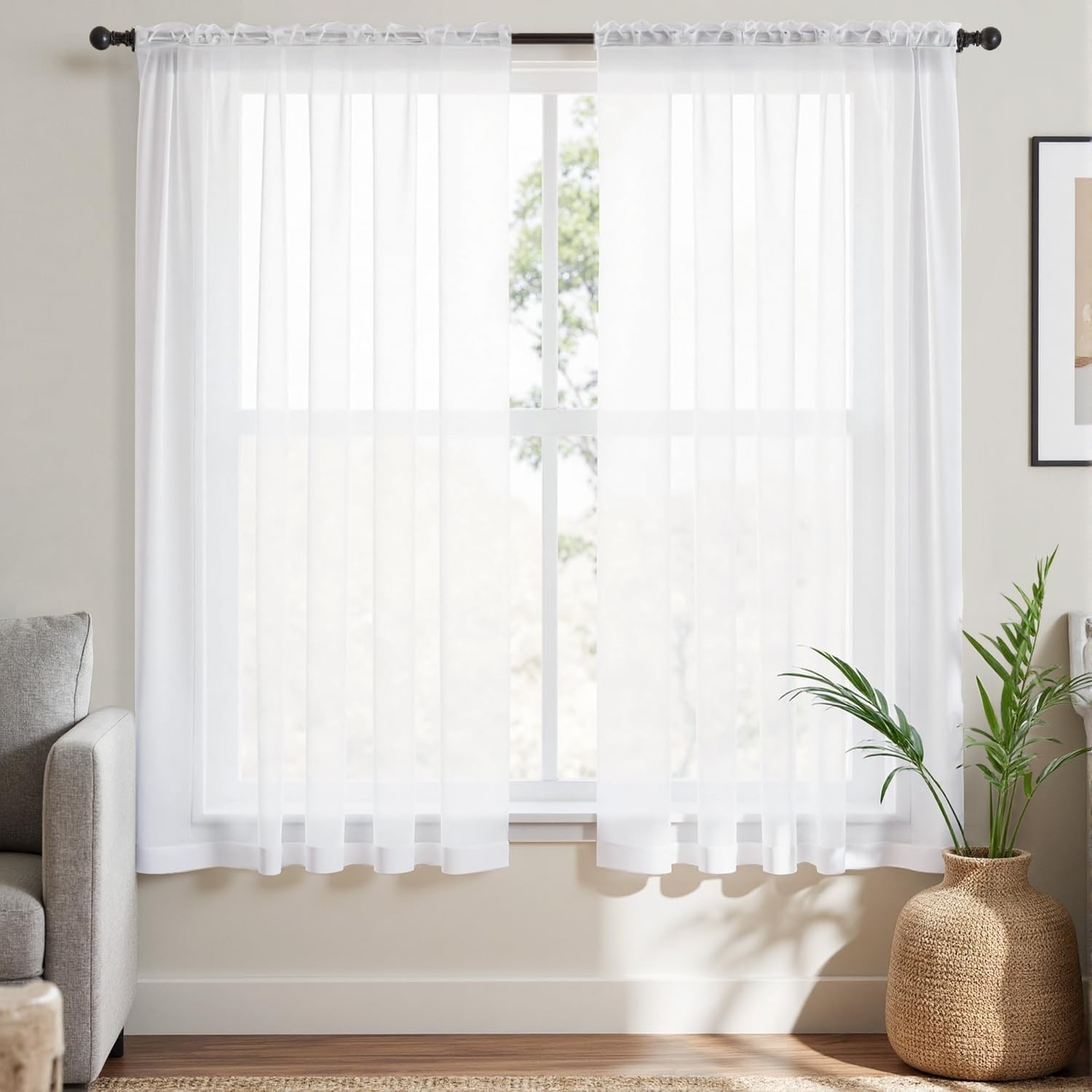 Contemporary Light Filtering White Sheer Curtains with Rod Pocket – 2 Panels
