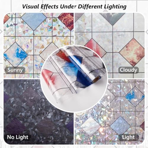 Window Privacy Film with Tools, Rainbow Stained Glass 17.5 x 78.7 Inch Diamond
