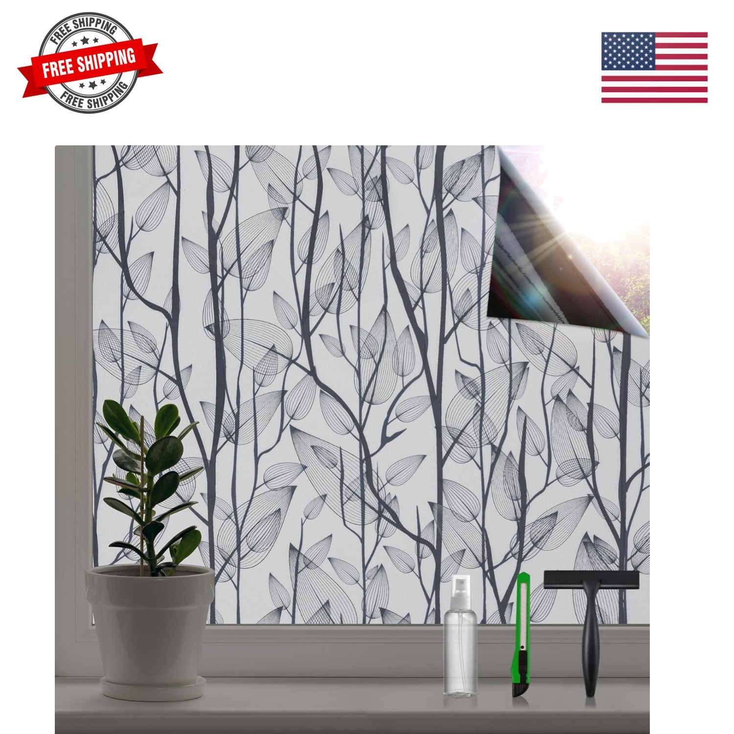 Leaf Pattern Window Tint with Installation Tools, Blackout Window Cover, Sun …
