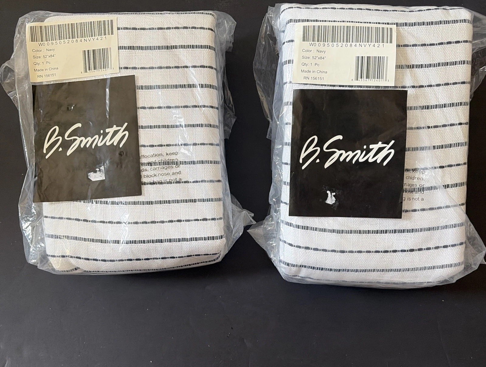 B Smith 2 Navy/White Striped Baldwin Cotton Blend Curtain Panels 52” x 84”
