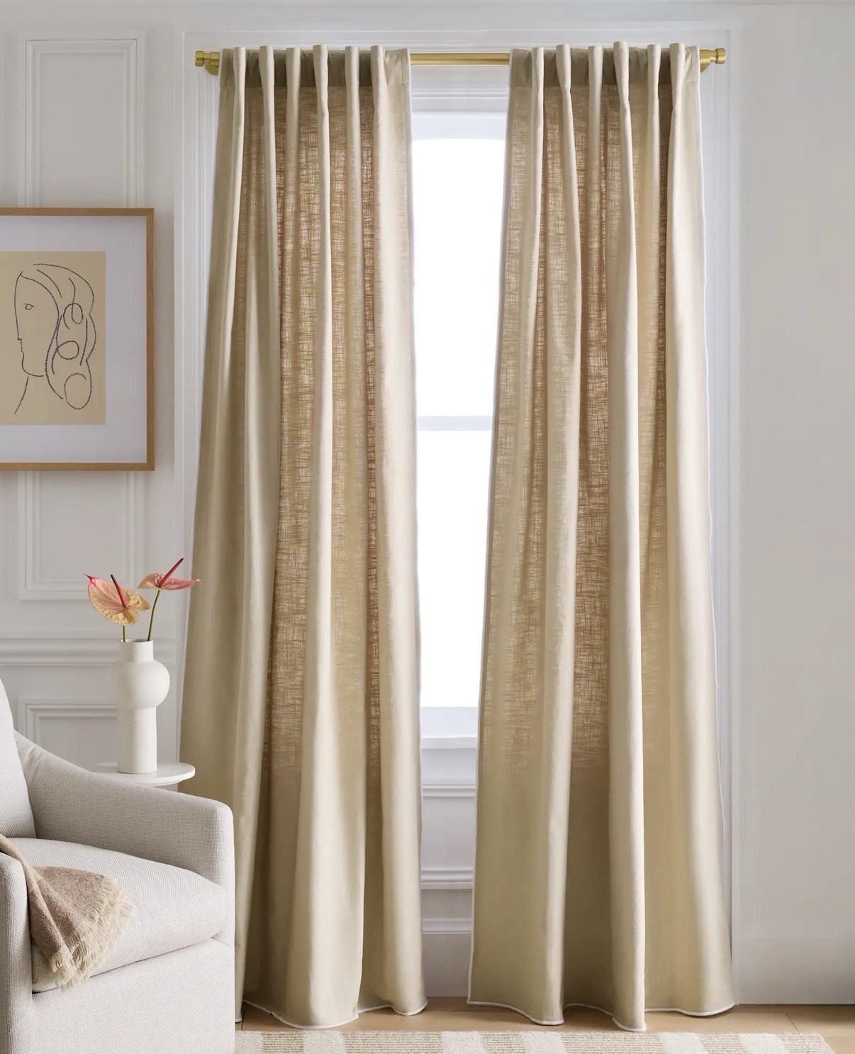 Quince Piped Edge Cotton Curtain Panel 48×96 Natural White Light Filtering
