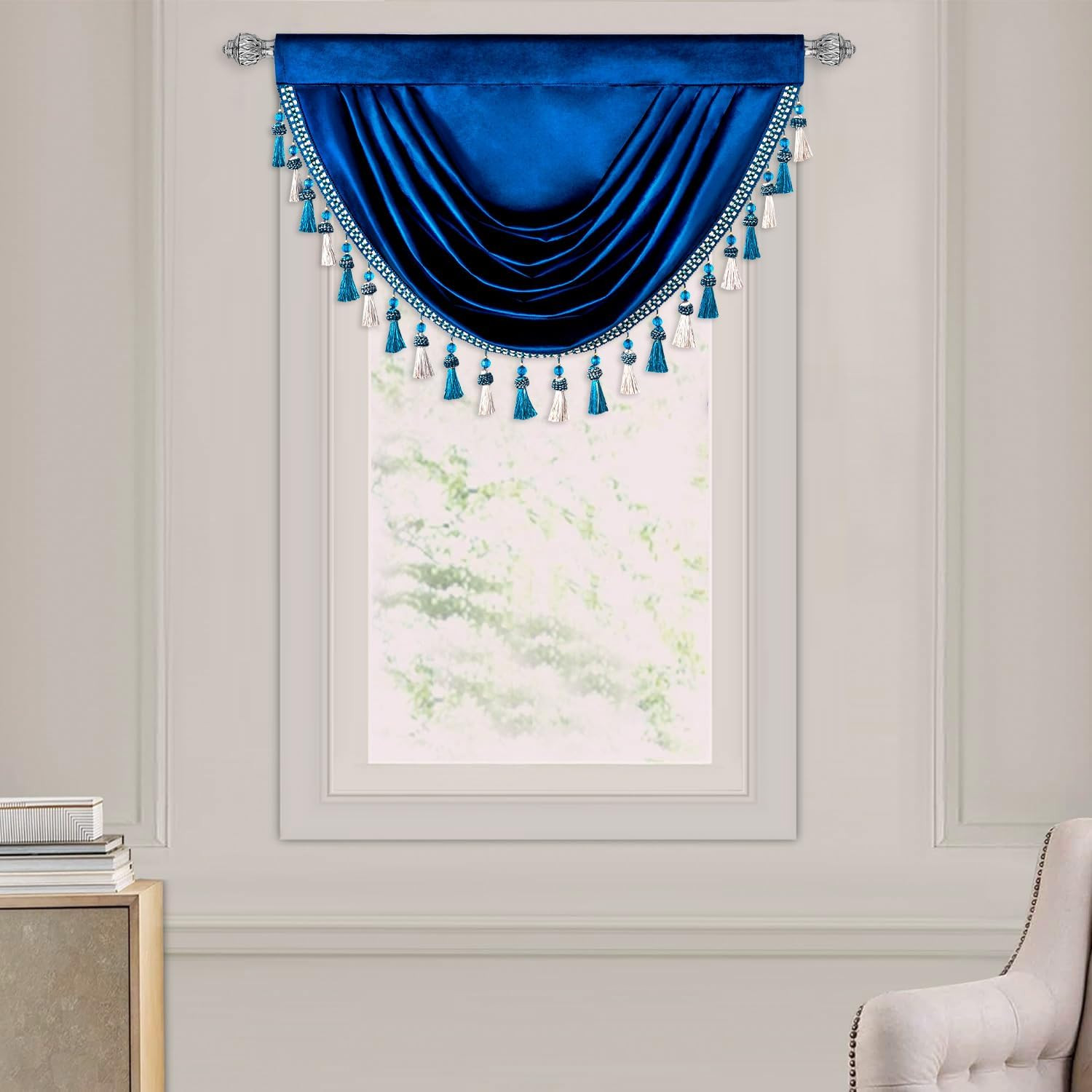 84″ Blackout Curtains with Floral Embroidery & Blue Swag Valance