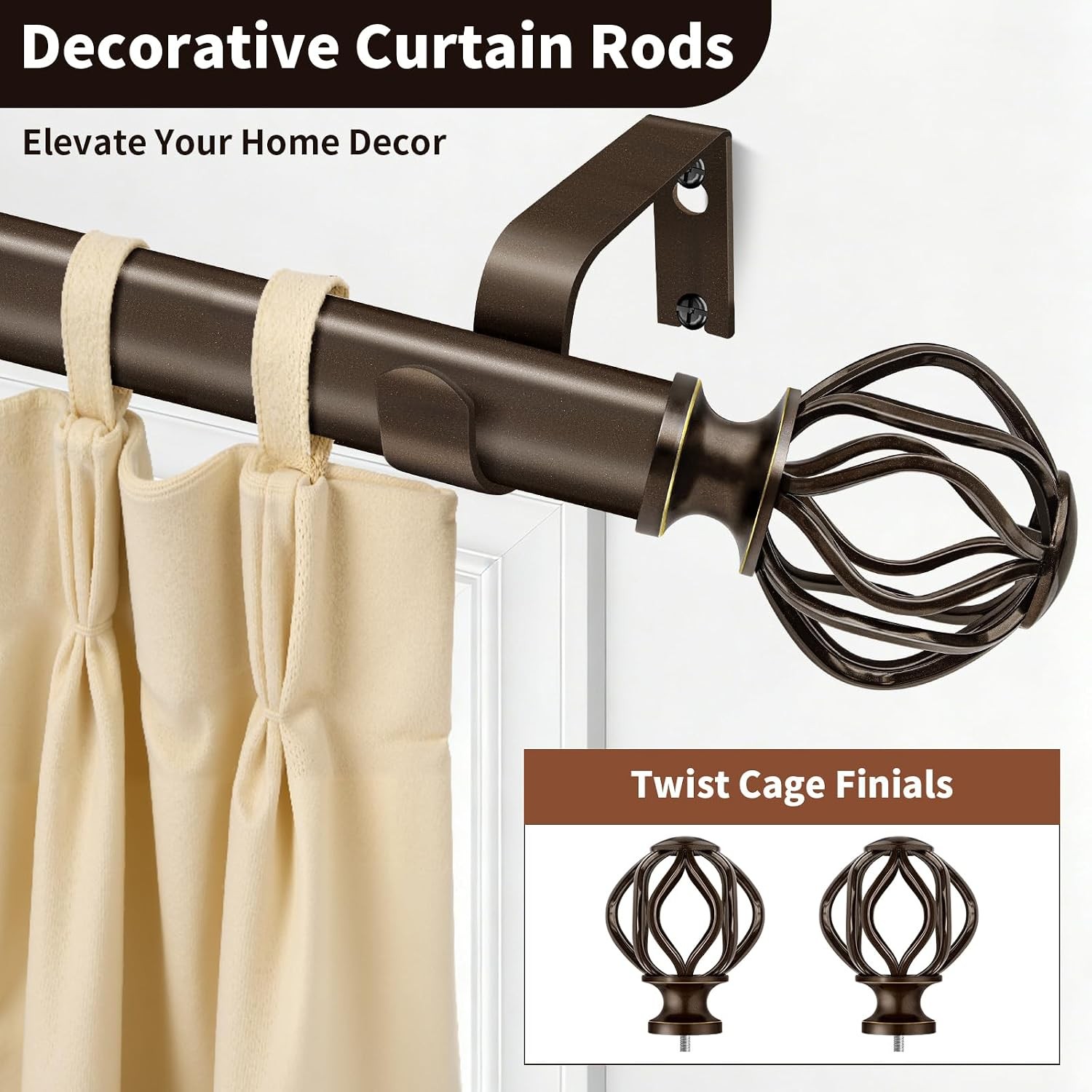 Adjustable Curtain Rod Heavy Duty Decorative Drapery Hardware Cage Finials