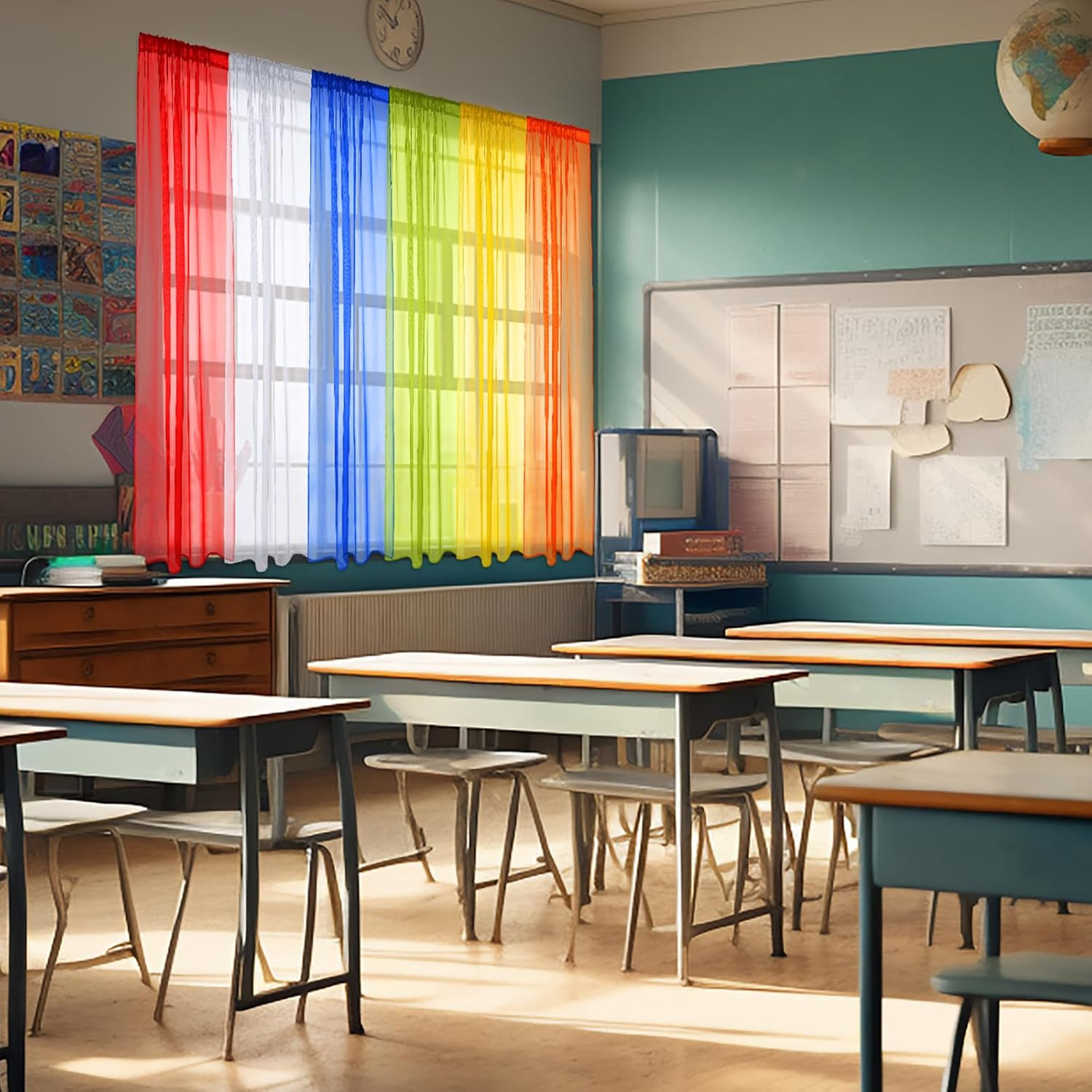 6 Pcs Back to School Rainbow Sheer Curtains 6 Colors Sheer Curtains Set 90X55 In