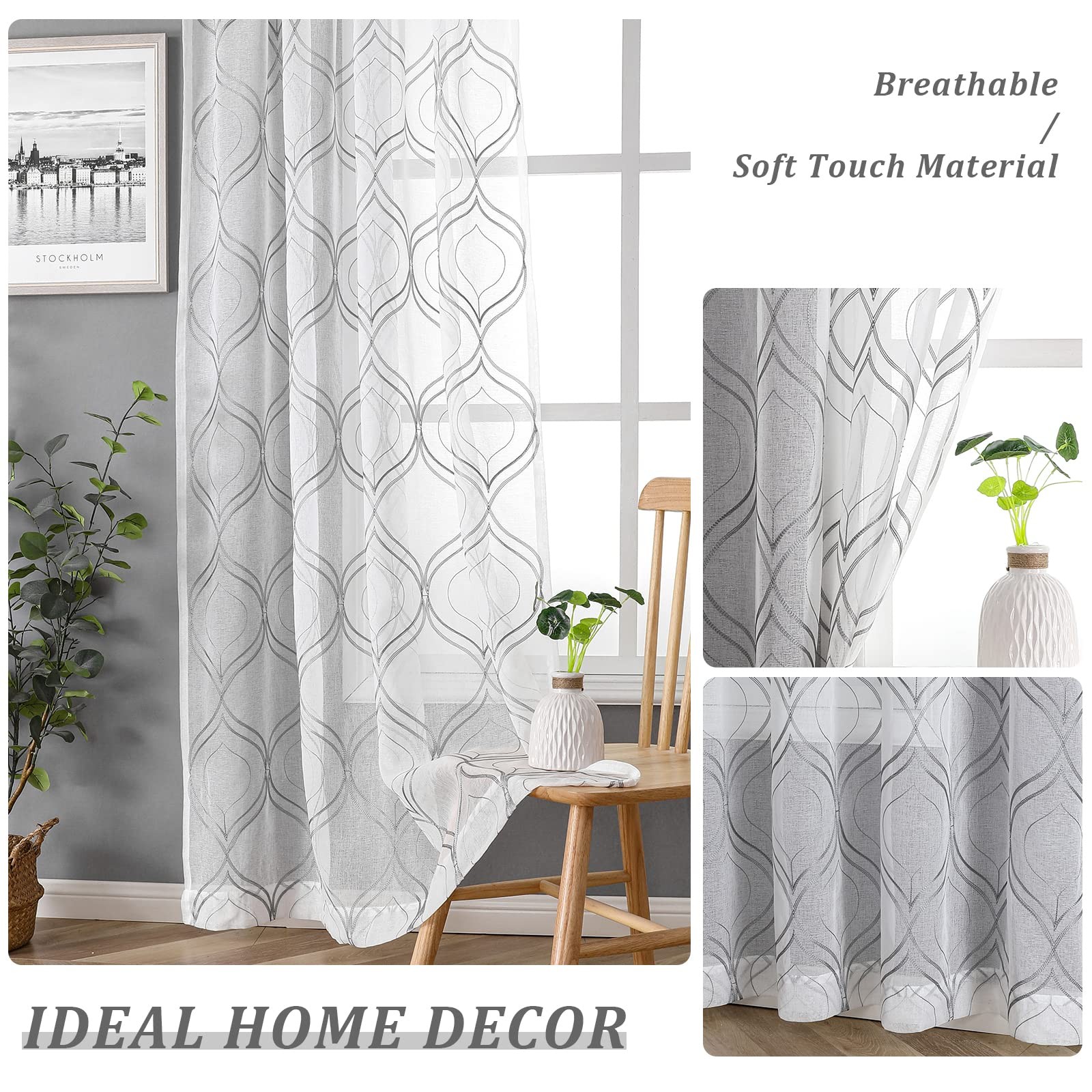 White Sheer Curtains Grey Moroccan Embroidered 63 Inch Length