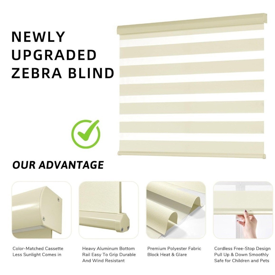 ChrisDowa Cordless Zebra Blinds 45W x 72H Beige Dual Layer Roller Window Shades
