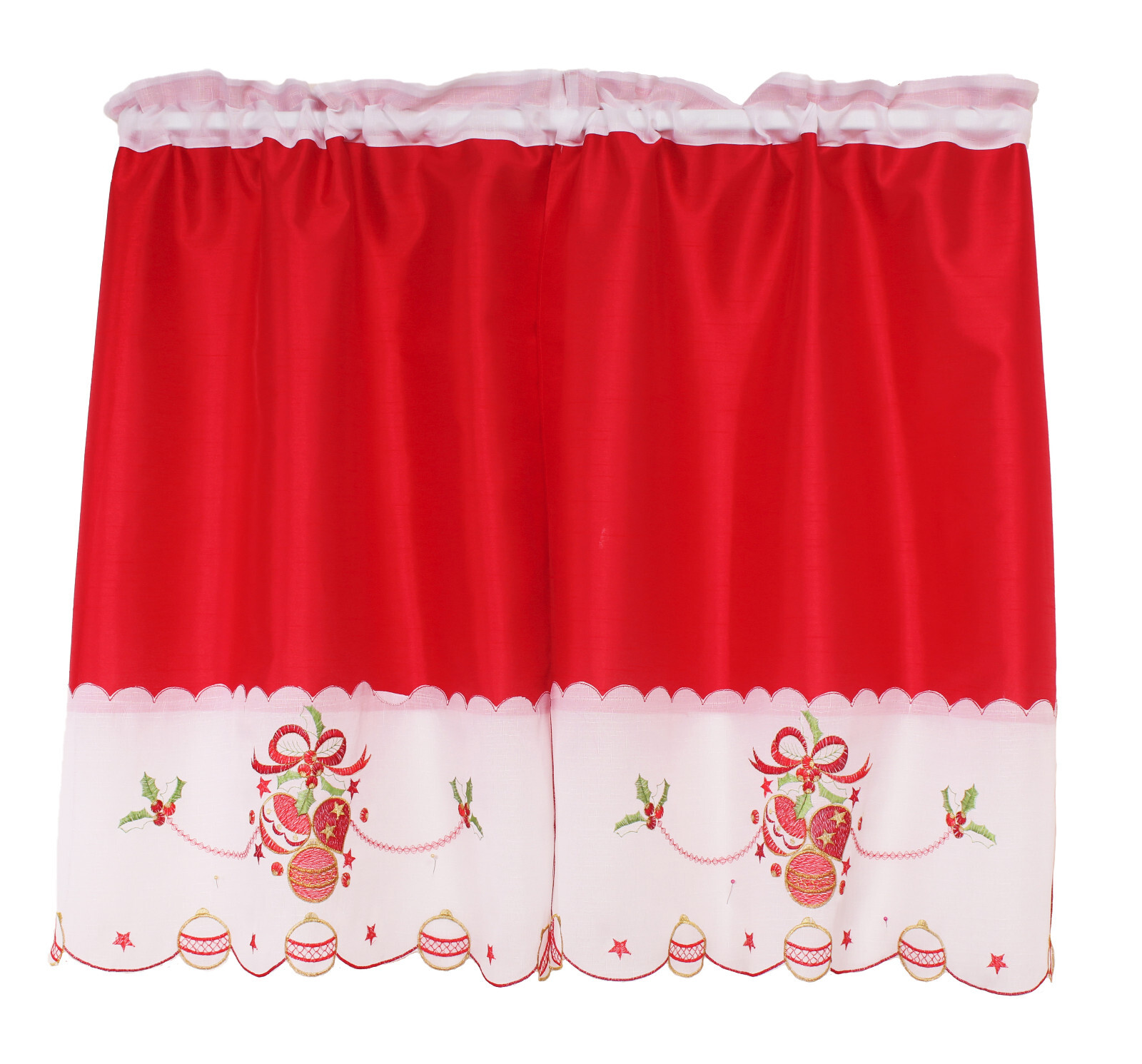 3-Piece Decorative Christmas Design Embroidered Kitchen Curtain Red Jingle Bell