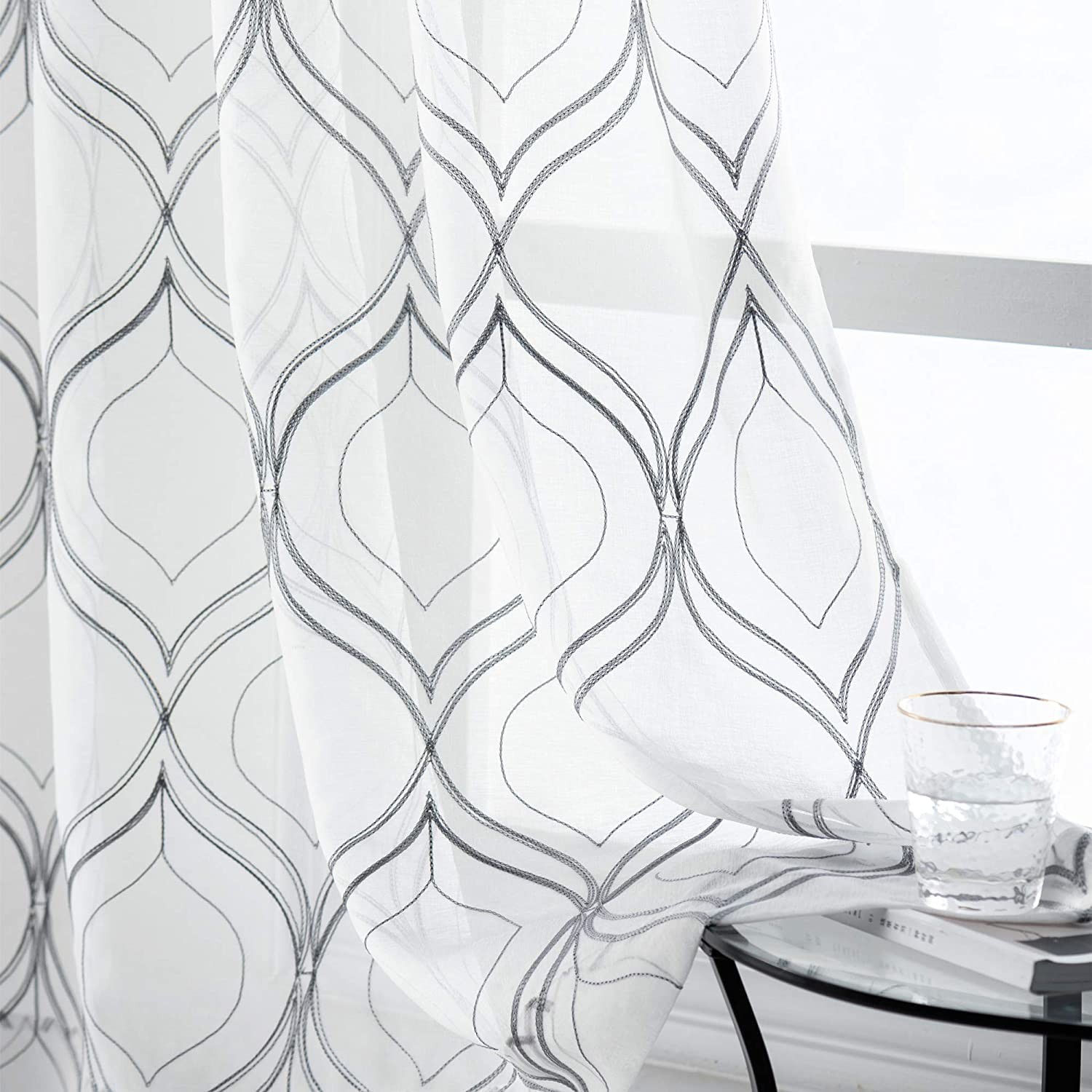 White Sheer Curtains Grey Moroccan Embroidered 63 Inch Length