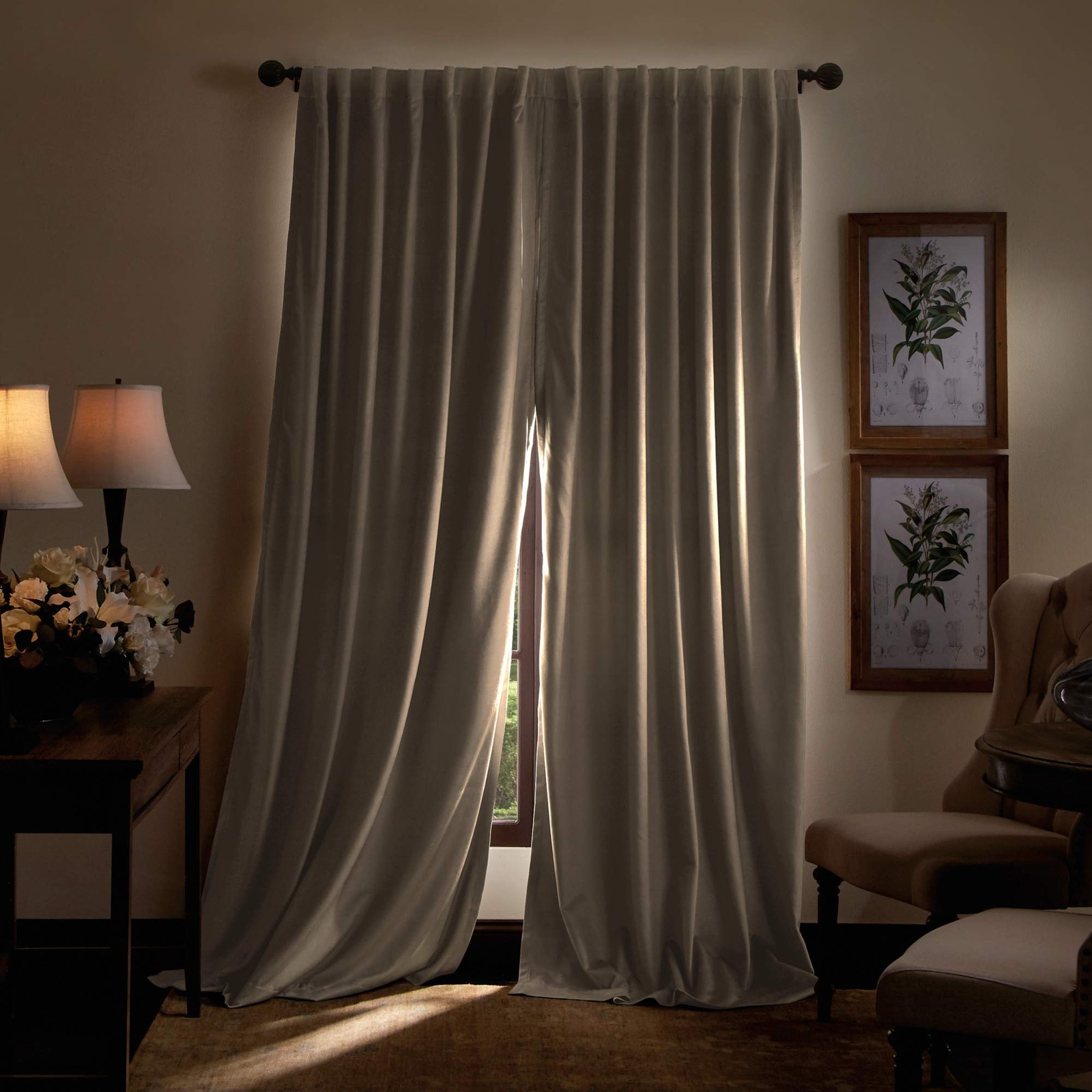 Lucca Velvet Blackout Back Tab Window Curtain Panel Pair, 84″, Linen Beige