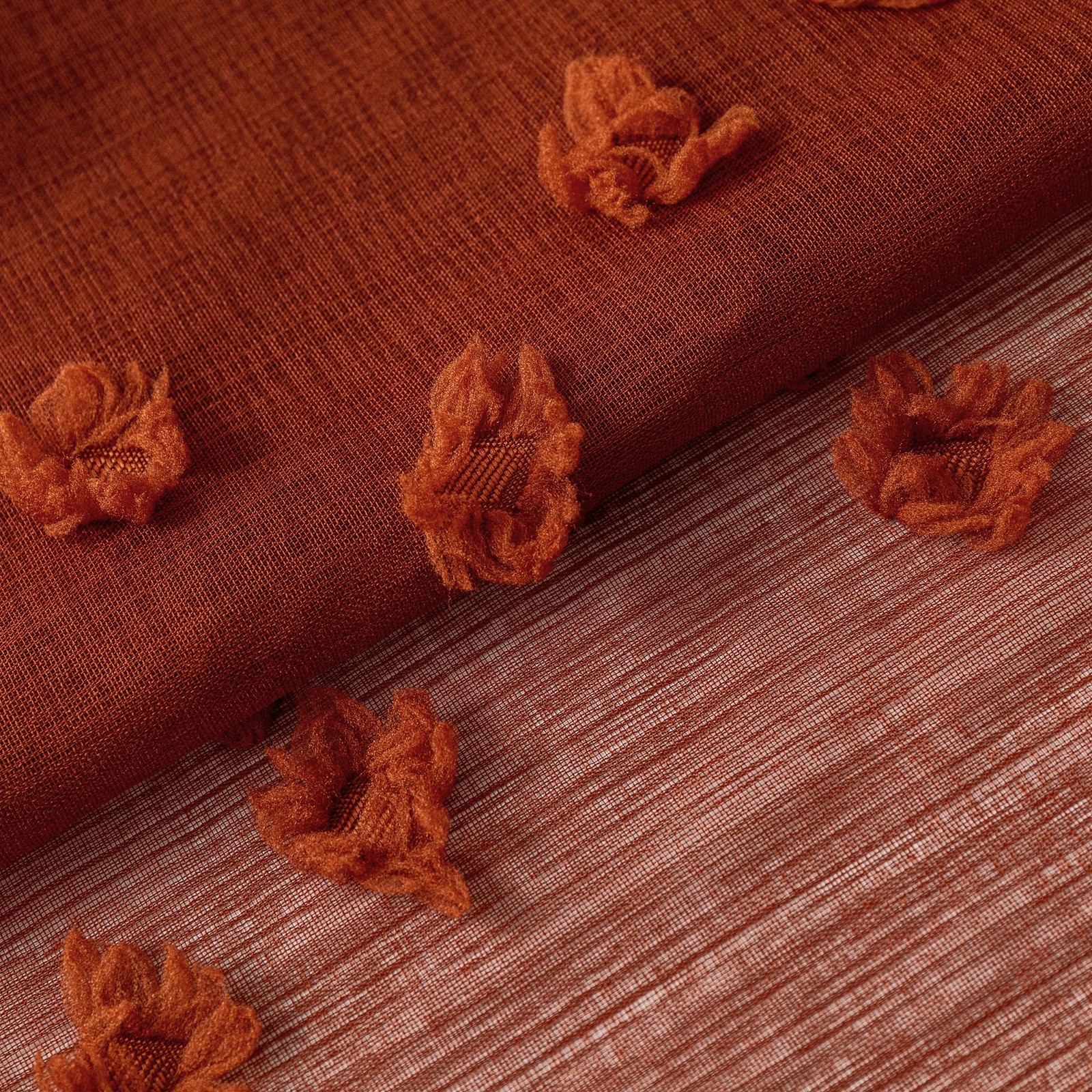 Terracotta Boho Sheer Curtains — with Pom Poms 84 Inches Long Burnt Orange Ru…