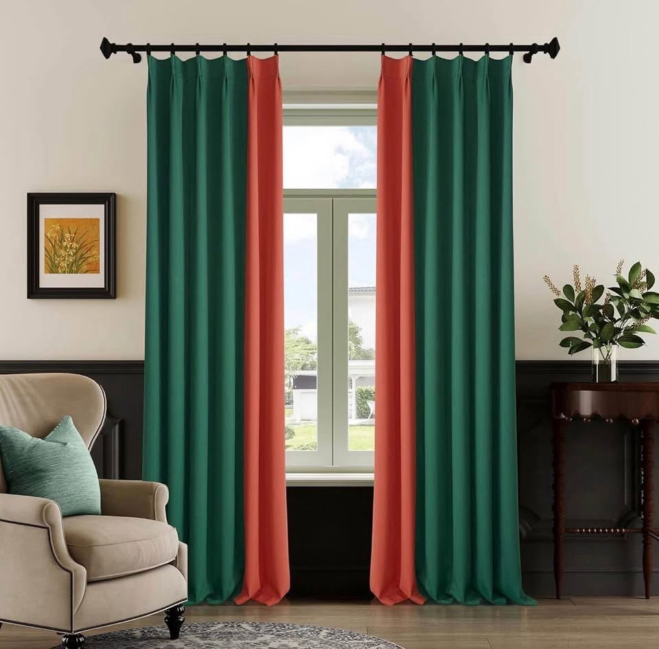OYRING Blackout Pinch Pleat Curtains Green & Orange 42×96 Set of 2 New