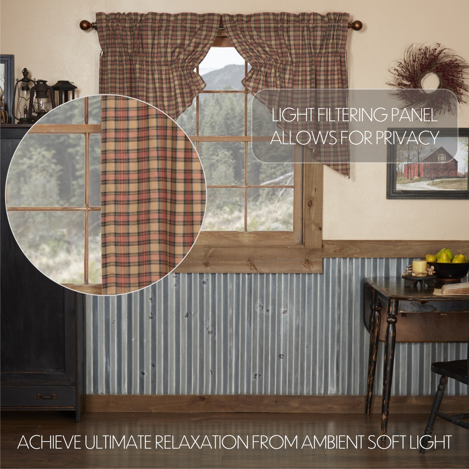 Crosswoods Rustic Plaid Gathered Country Cabin Prairie Swags 72″ x 36″