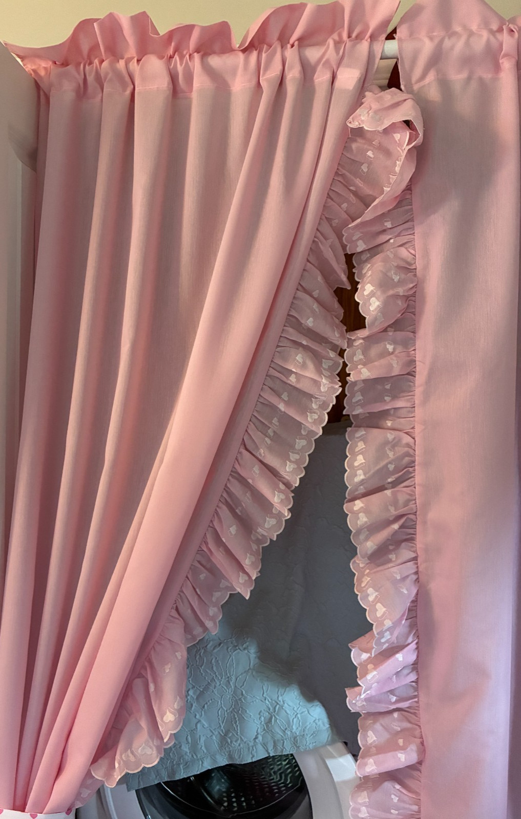 2 pink rod pocket curtain panels ruffled with embroidered hearts 38W x 84L