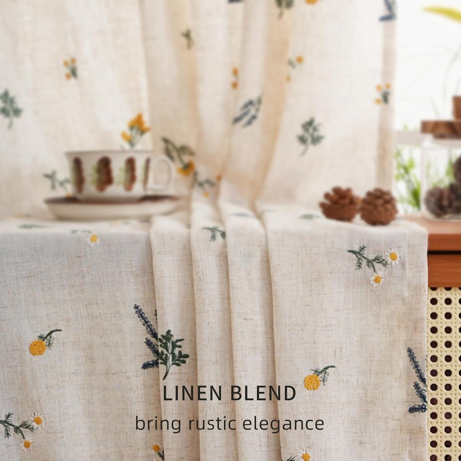 Boho Daisy Embroidered Linen Curtains 96″ Beige Floral Drapes, 2 Panels