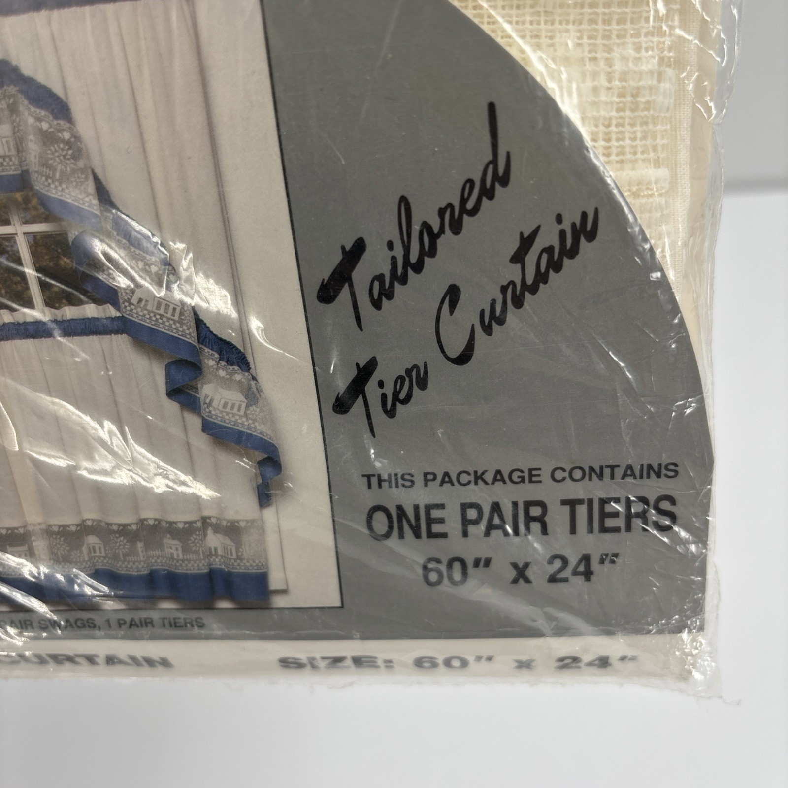 VTG 90s Country Lane Tailored Tier Curtains 60×24 Blue White Lace Cottage