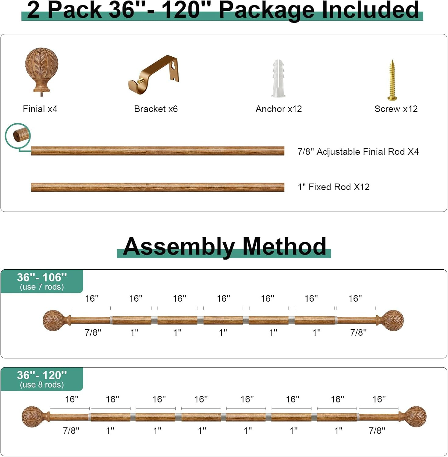 2 Pack Adjustable Wood Curtain Rods 66-120 Inch with Leaf Finials, Boho Style