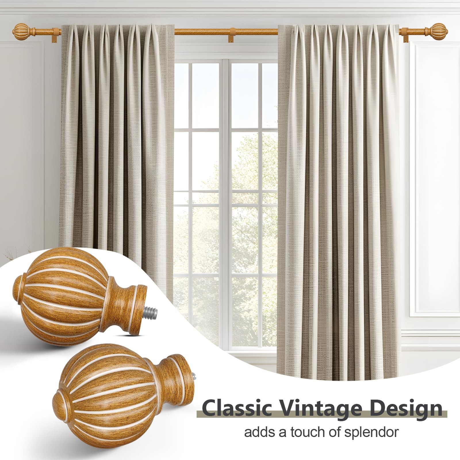 Imitation Wood Curtain Rods for Windows 48 to 84 Inch, 1 Inch Adjustable Heav…