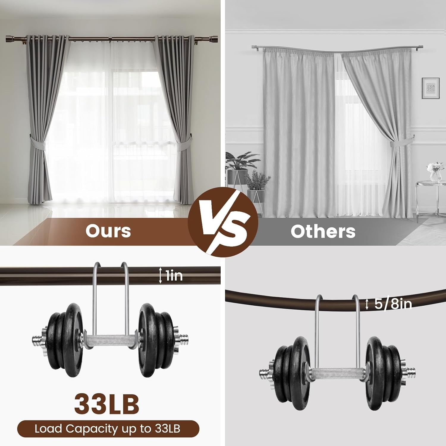 2 Pack Heavy Duty Adjustable Brown Curtain Rods 30-90 Inch for Windows