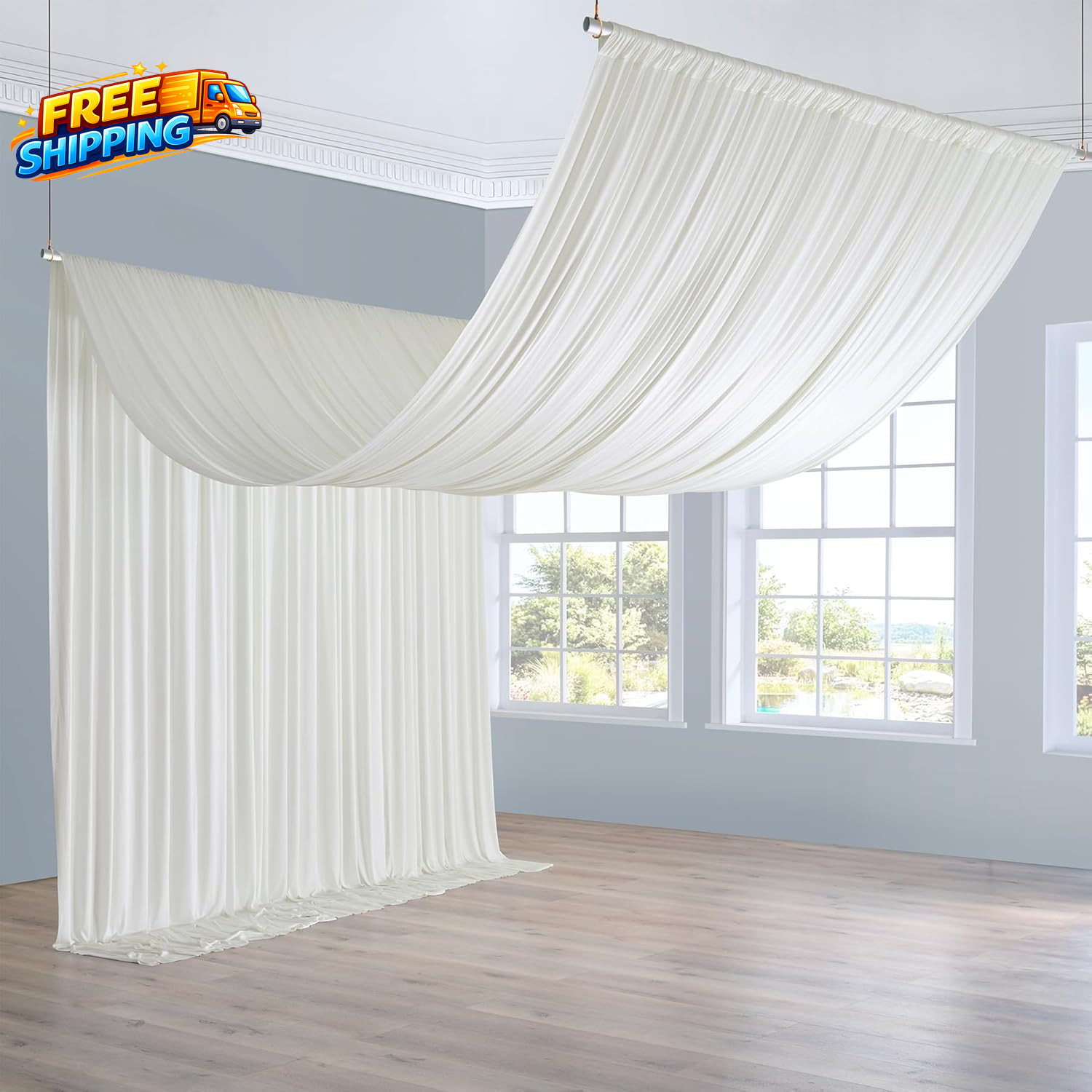 10Ft×20Ft Ivory Ceiling Drapes for Weddings Parties 2 Panels 5×20Ft Long Ceiling