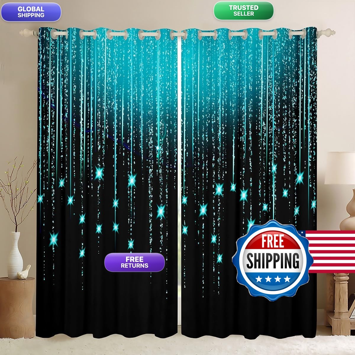 Feelyou Abstract Ombre Curtains Teal Black Teens Window Curtains For Bedroom