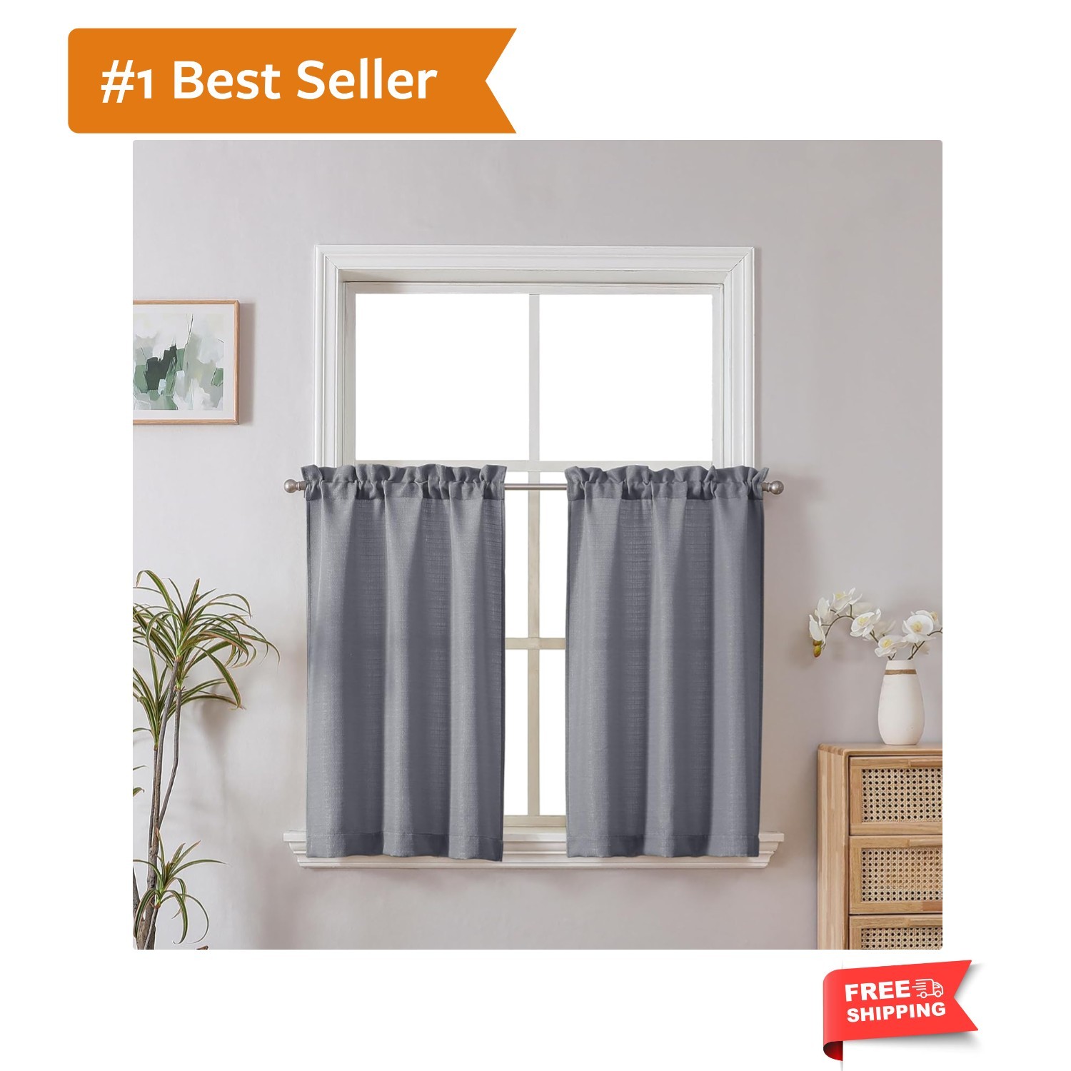 2 Panels Dark Grey Kitchen Curtains, 30″W x 24″L Pack of 2, Light Filtering, …