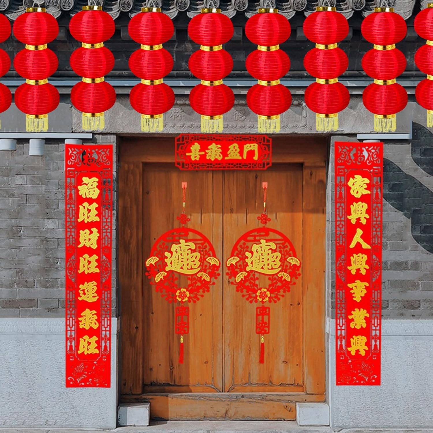 Chinese New Year Decorations 2 Sets Red Fabric Lanterns Decorative Hanging La…