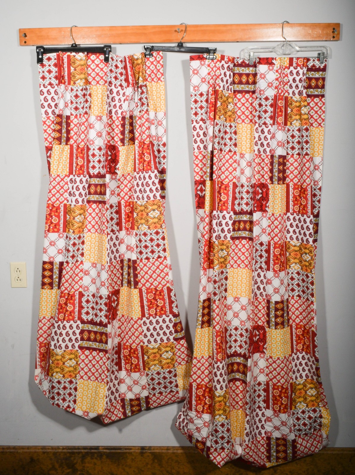 Vintage Retro Handmade Red Patchwork Print Pinch Pleat Curtain Pair 82.5″ x 39″