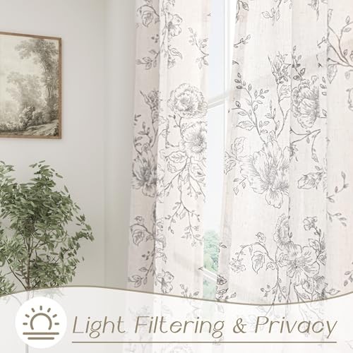 Floral Linen Curtains for Dining 52″W x 84″L (Pack of 2) Black Floral Pattern