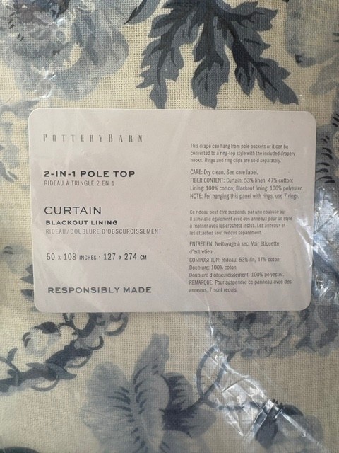 NWT NEW $239 Pottery Barn BLUE GARDEN FLORAL *BLACKOUT* CURTAIN 50 x 108