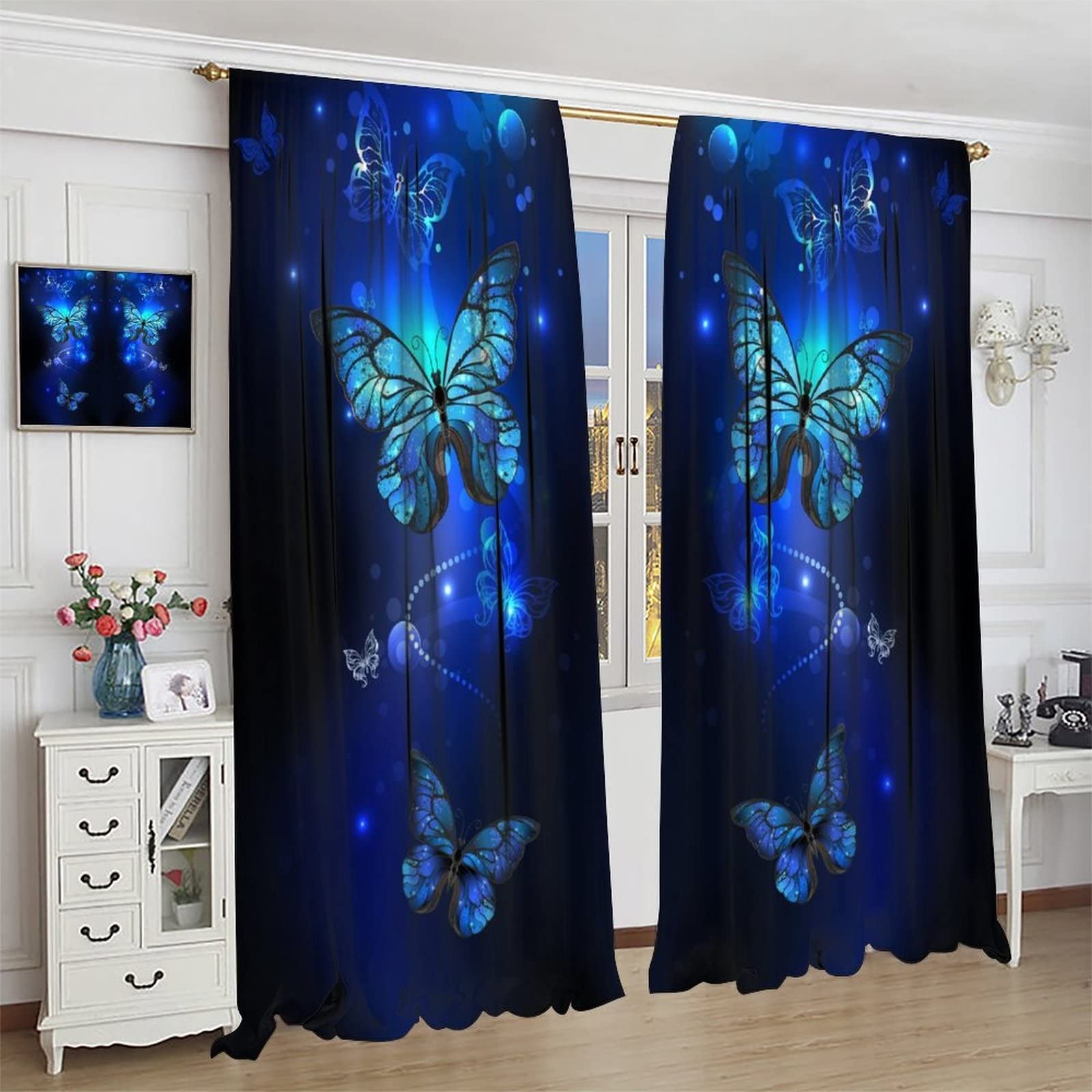 Blue Butterfly Curtains,Glowing Butterflies Black Background Thermal Insulate…