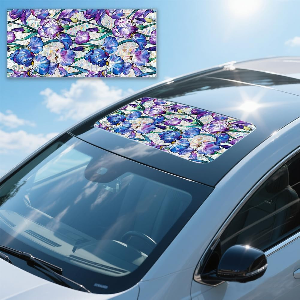 Purple Iris Flowers Sunroof Film Floral Rainbow Effect Static Clings Window Priv