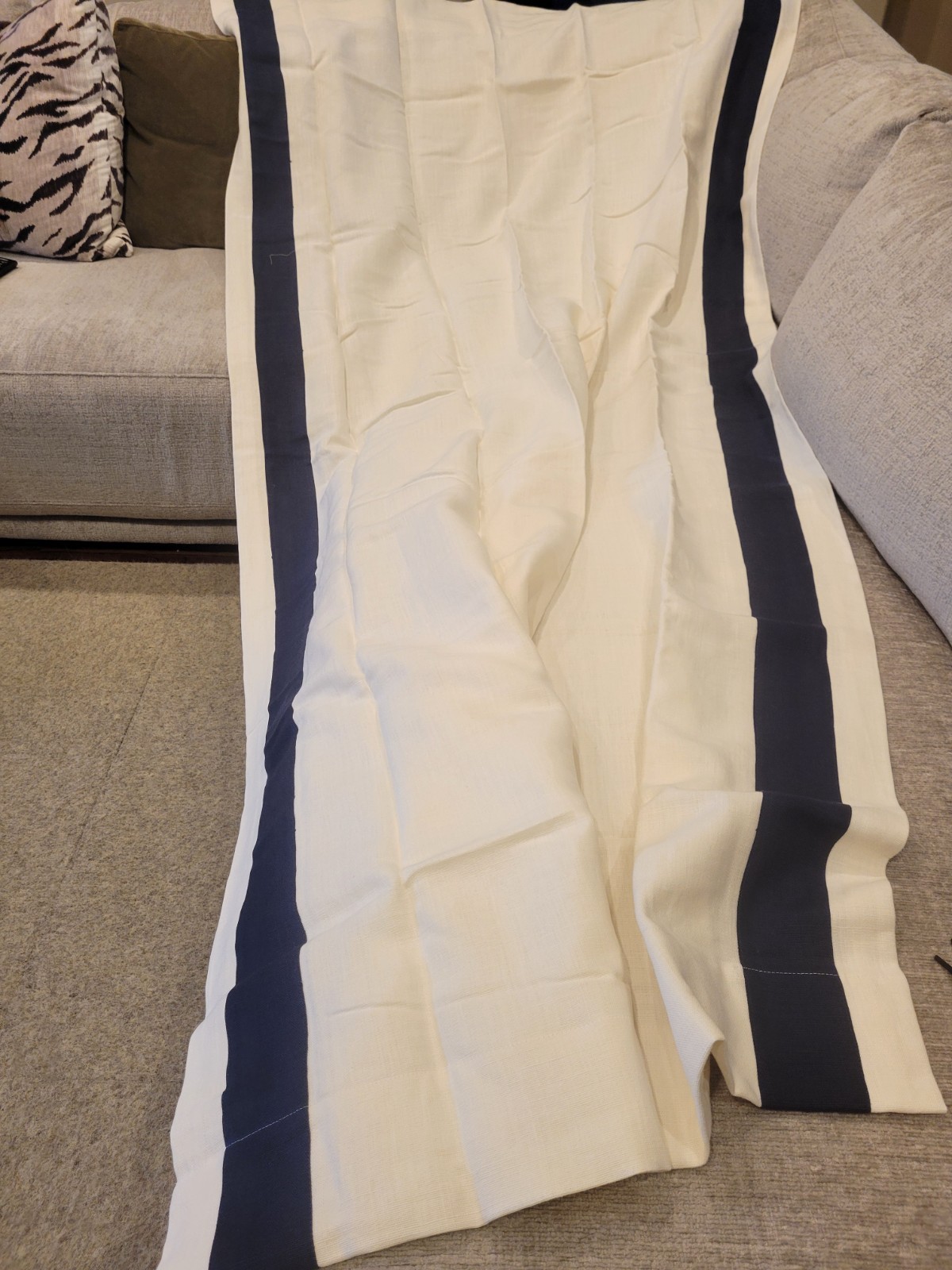 new Williams Sonoma Linen drapes window panels 96″ white w/ blue edge – set of 2