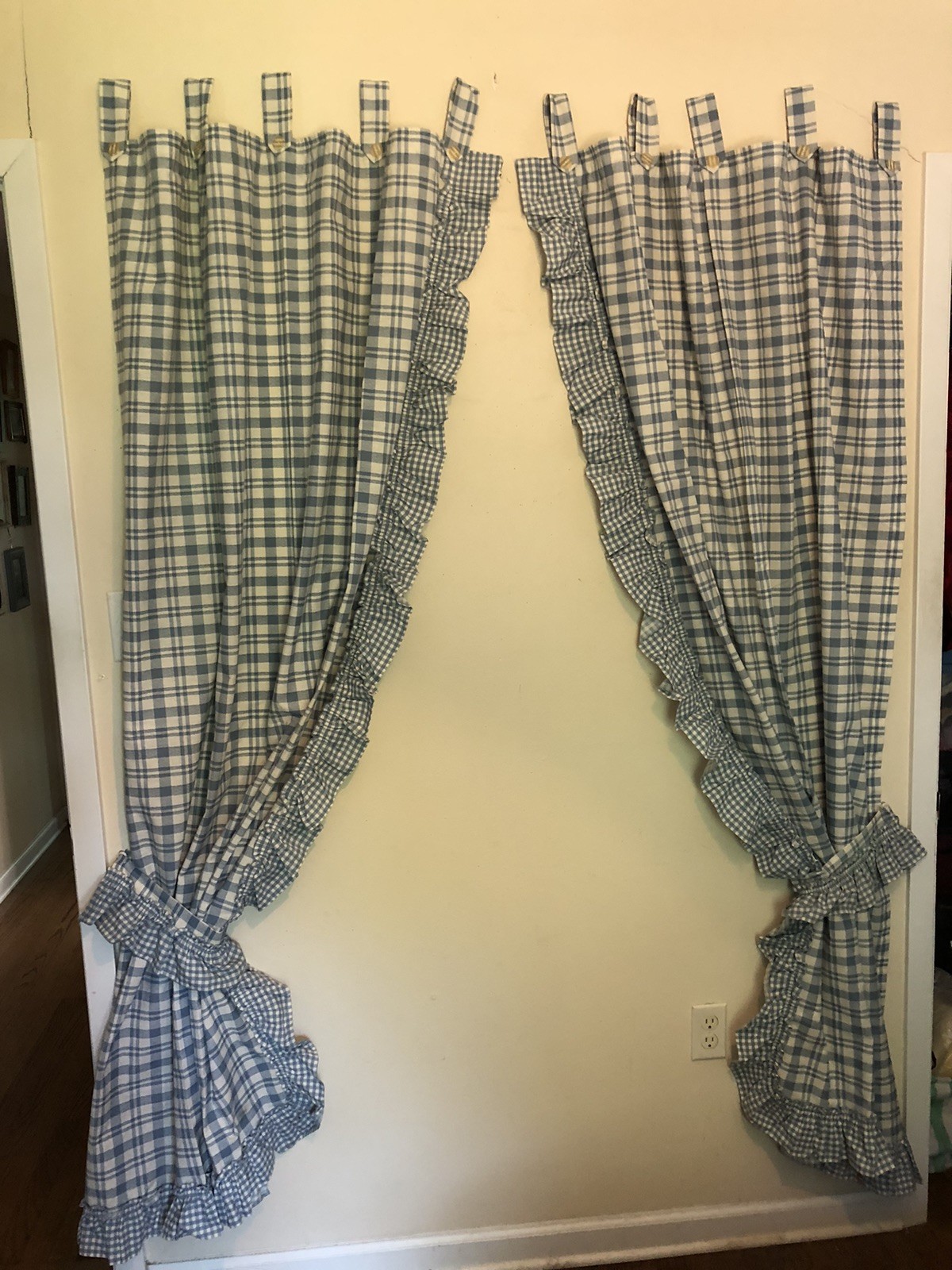 Cottagecore Set Of Curtains Blue White Plaid Ruffled Tab Top Each 80”L x 46”W