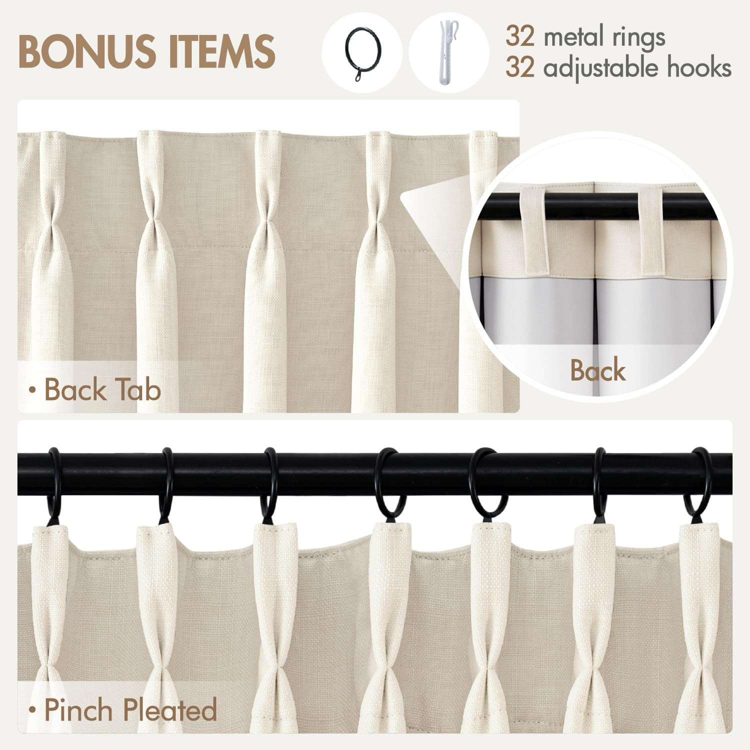 Pinch Pleat Blackout Curtains 90 Inch 4 Panel Linen Thermal Drapes Birch