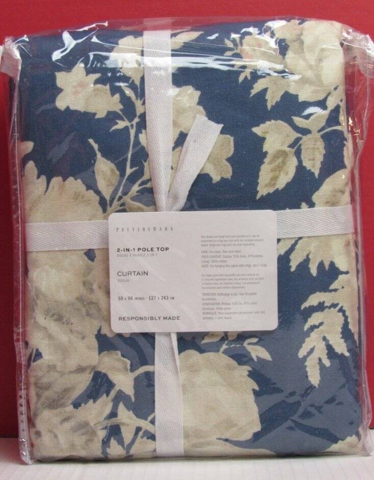 Pottery Barn Bethany Floral Curtain, Light filtering 50″ x 96″ Blue Multi NWT