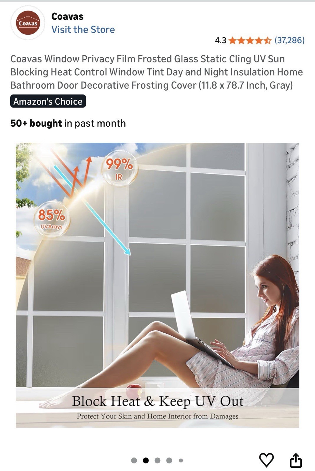 Coavas Window Privacy Film Static Cling 11.8 x 78.7 Inch. 5 Rolls See Desc.
