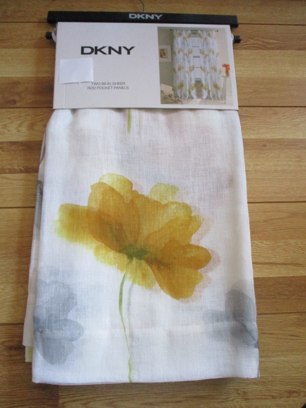 2 DKNY IRIS Sheer Gauze Gray & Golden Yellow Floral Curtains. 50×96 Panels NEW