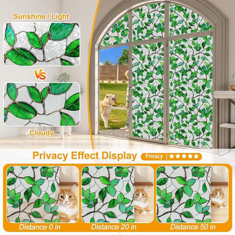Decorative Window Film Privacy Leaf Pattern Easy Install Removable Static Cling