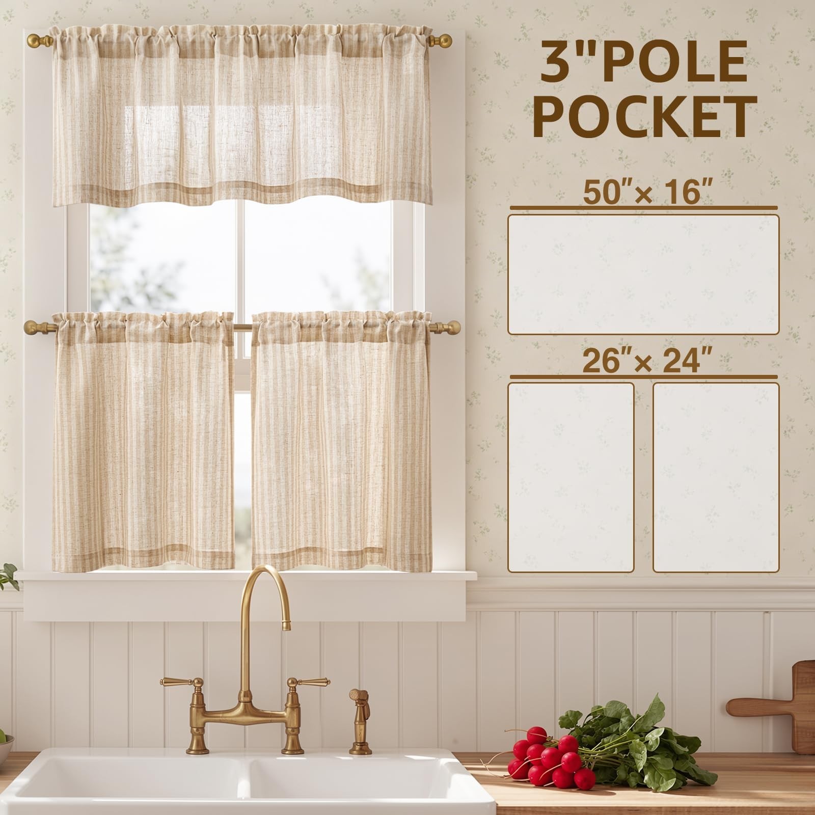 Striped Tier Curtains Set – Ticking Stripe Linen Cafe Curtains 24″ for Kitchen &