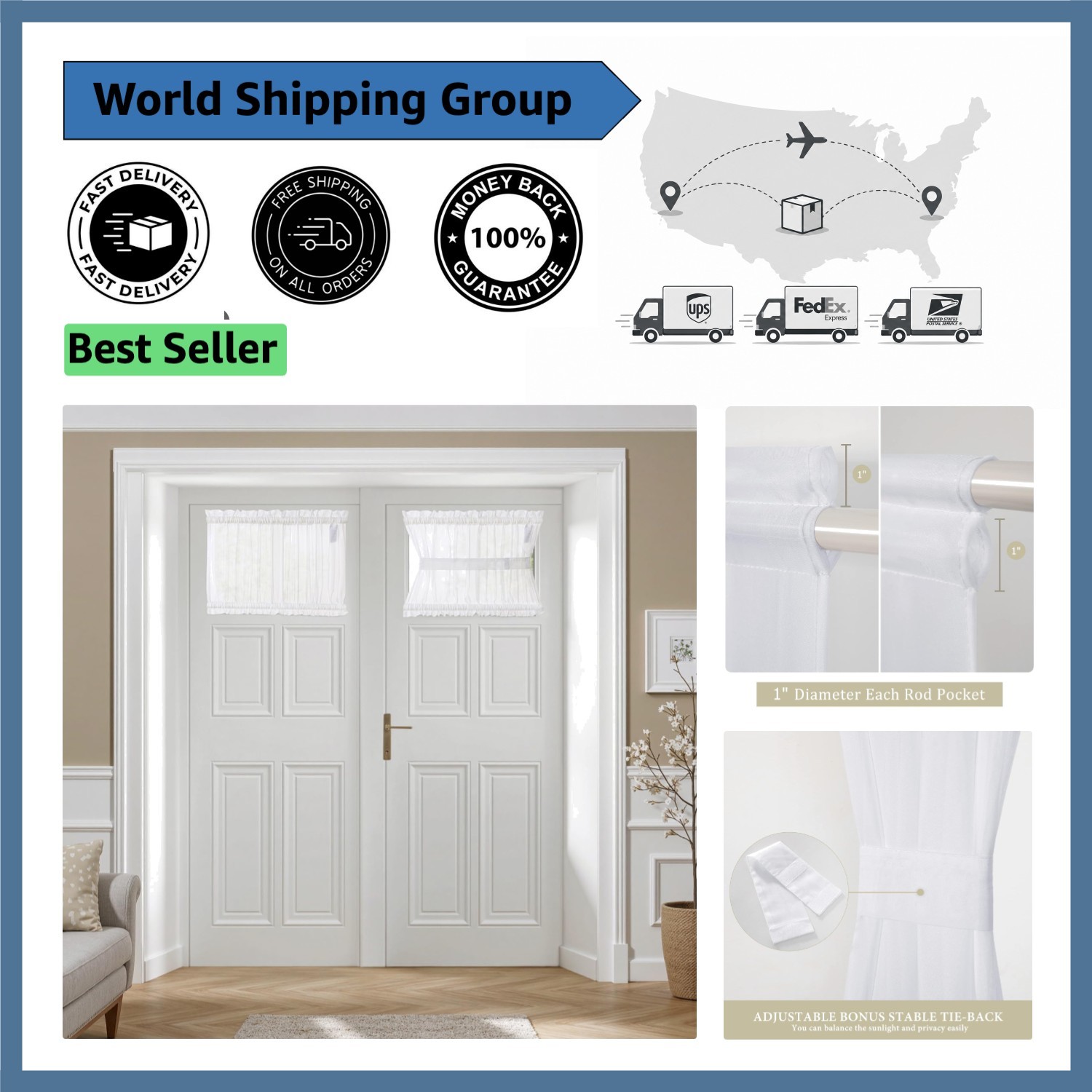Set of 2 White French Door Sheer Curtains – Elegant Light Filtering Design