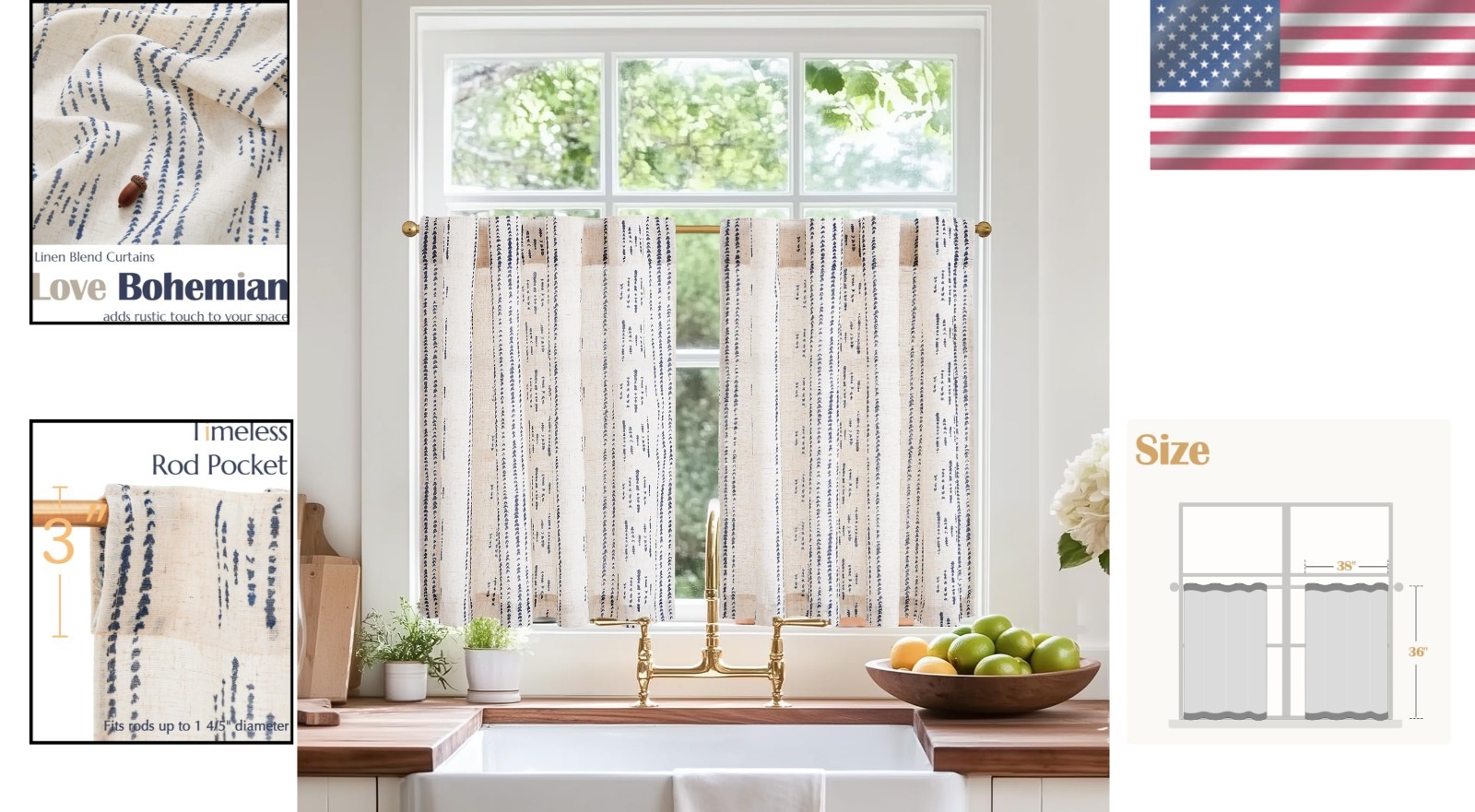 Boho Geometric Striped Curtains for Small Windows | 36×38 Inch | 2 Panels