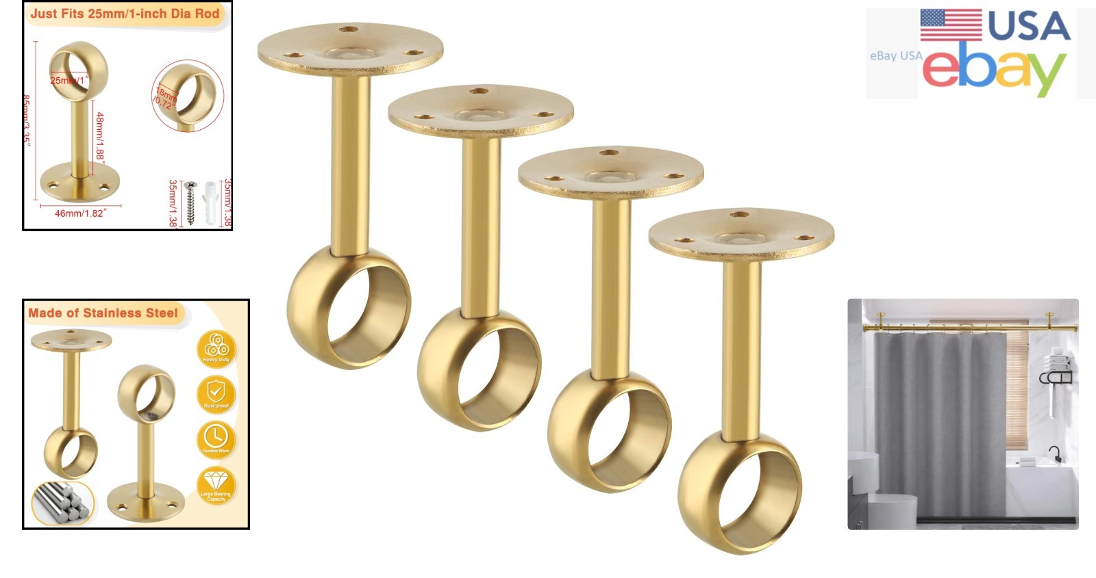 Stainless Steel Curtain Rod Holders with 3.35in Height and Gold Finish