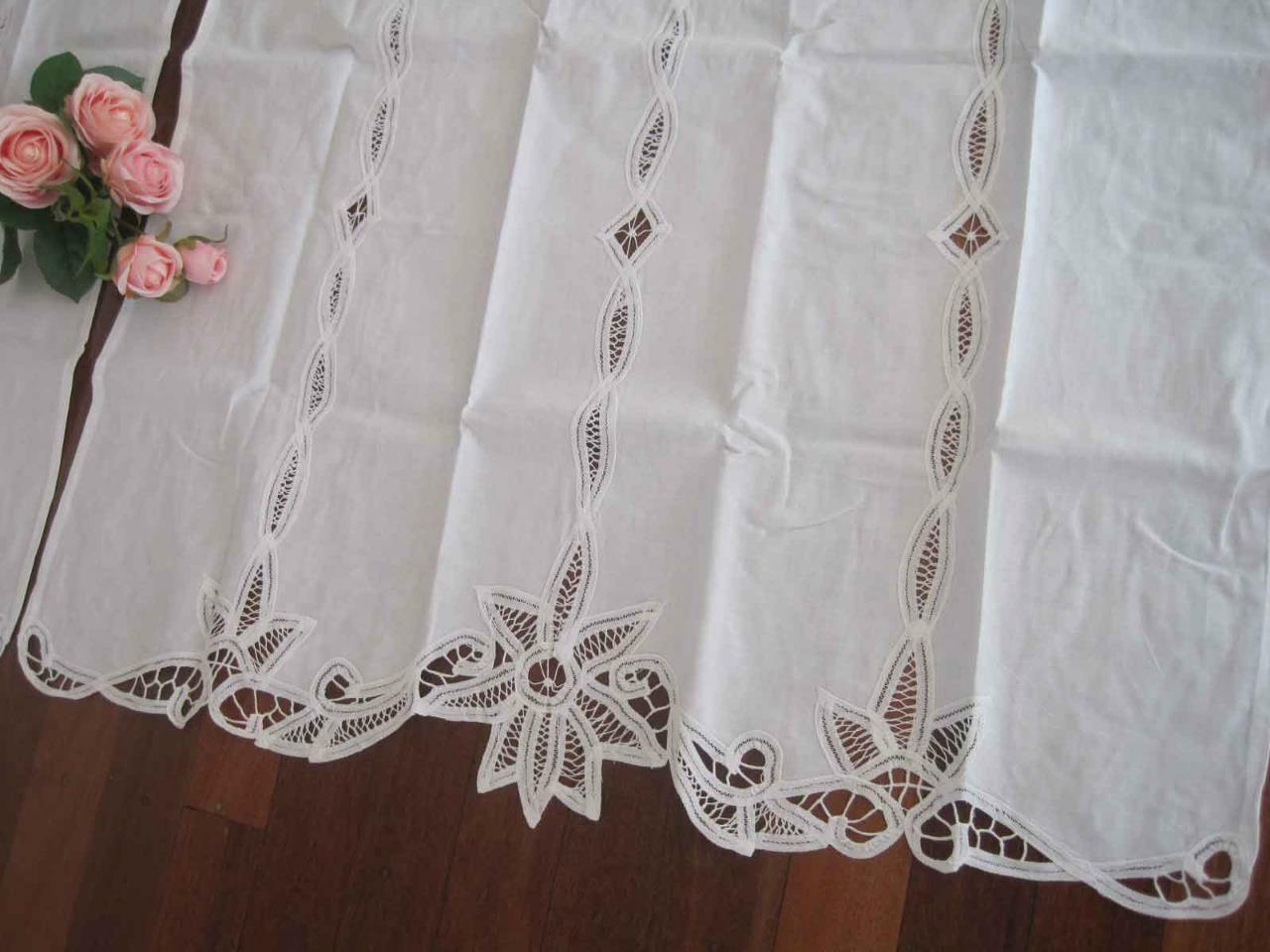 Again@Elegant Pair Hand Battenburg Lace Insertion White Cotton Curtain 65cm Drop