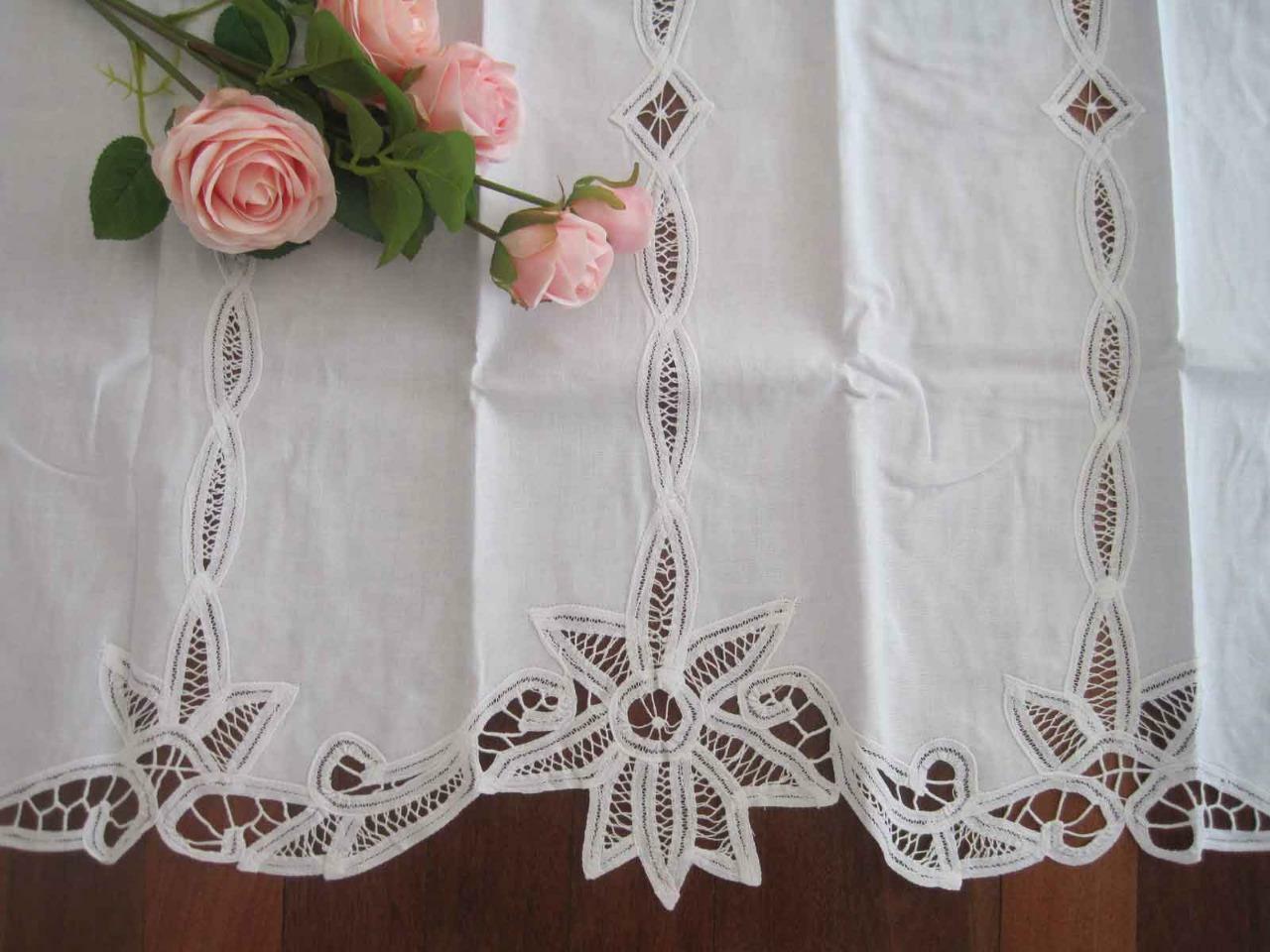 Again@Elegant Pair Hand Battenburg Lace Insertion White Cotton Curtain 65cm Drop