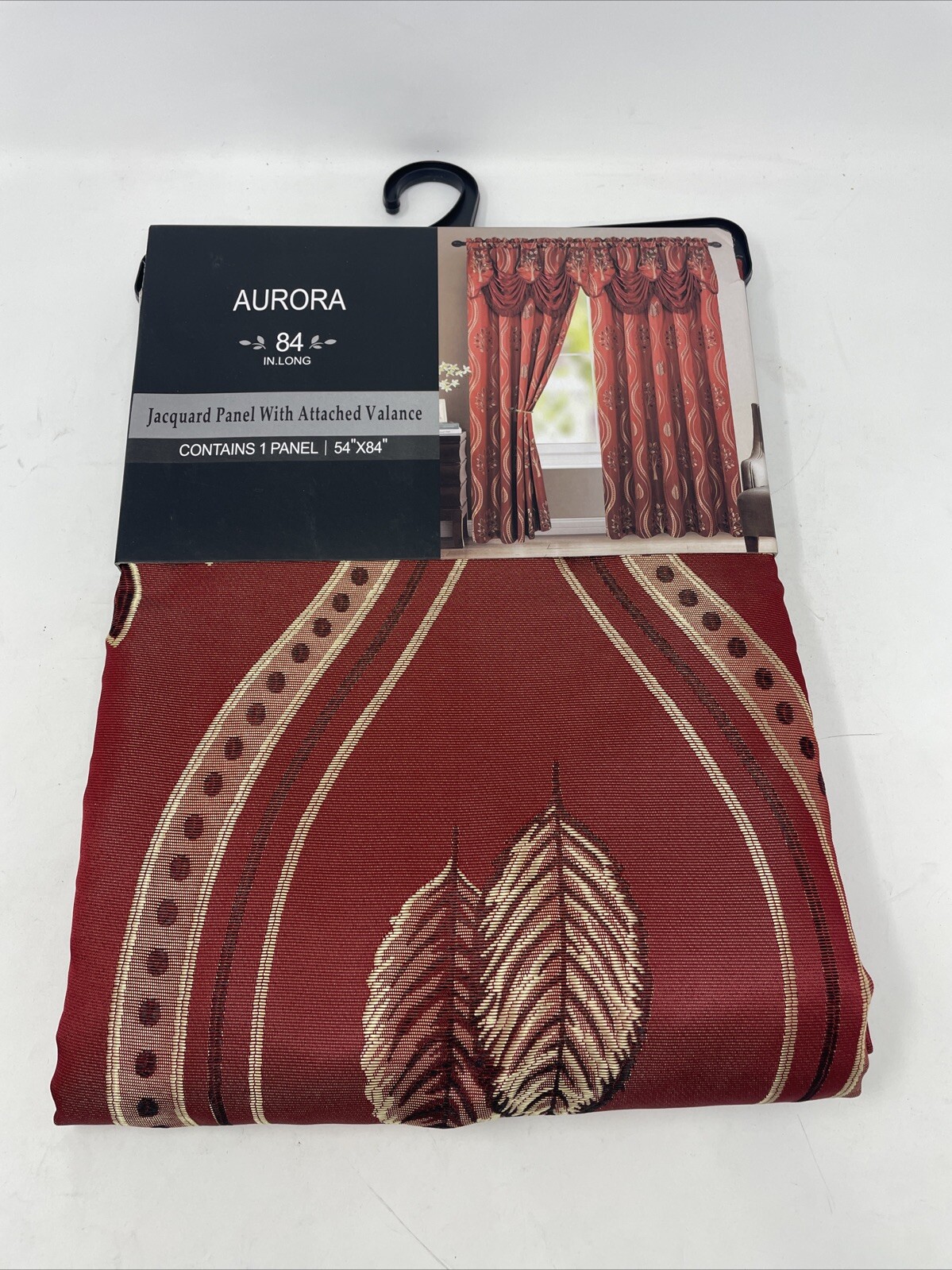 Aurora Tree Leaf Jacquard Window Panel with Attached Valance, Burgundy, 54×84 In