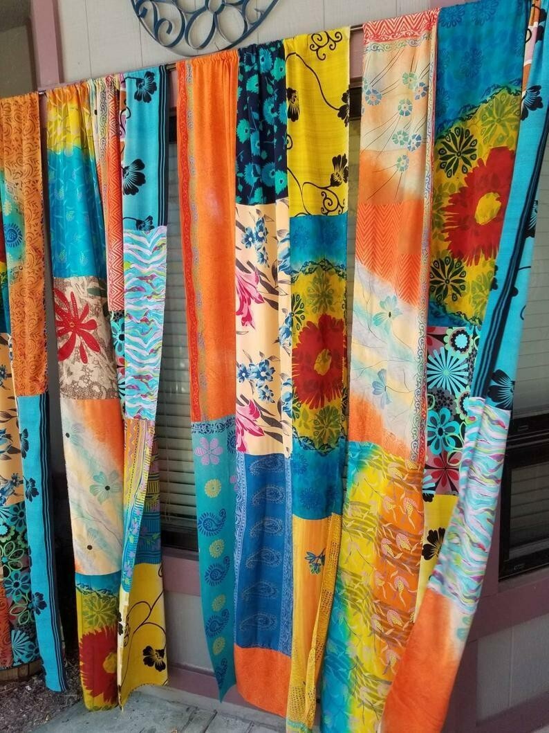 2 Pcs Indian Sari Patchwork Curtain Drape Window Decor Multi Silk Sari Curtain