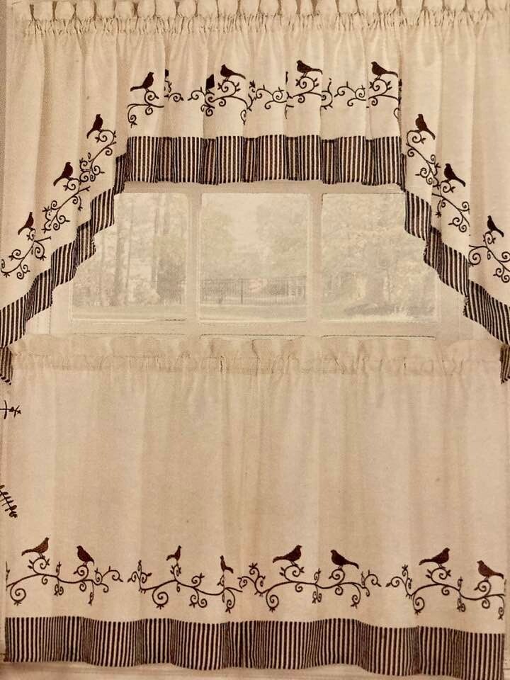 Complete embroidered BIRDS ON A BRANCH KITCHEN WINDOW ENSEMBLE NEW