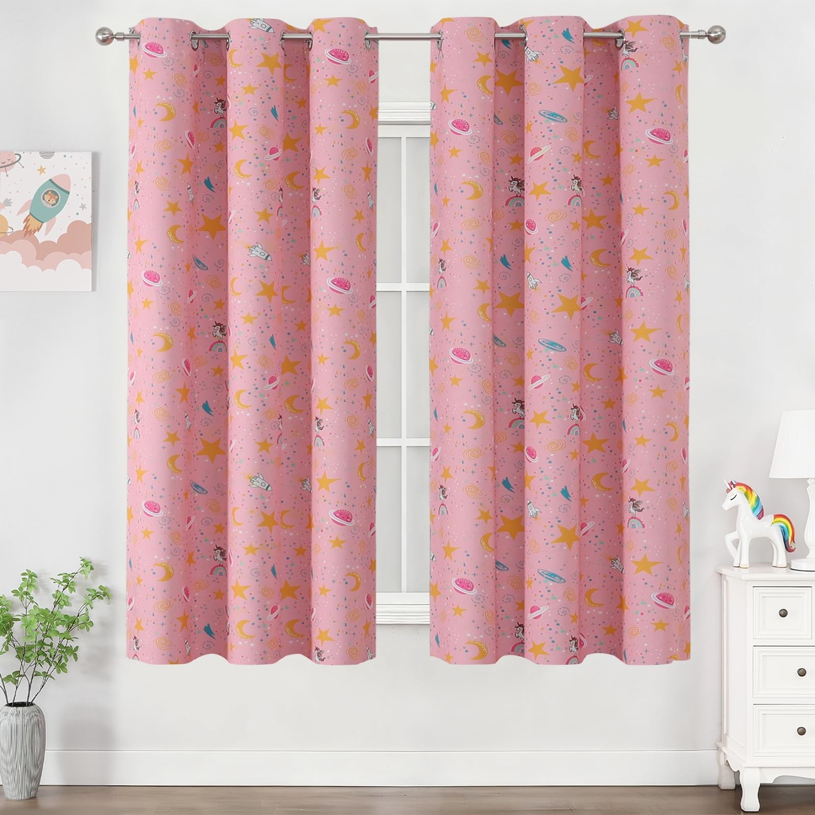 Unicorn Princess Theme Pink Blackout Curtains for Girls Bedroom 63 Inches Len…