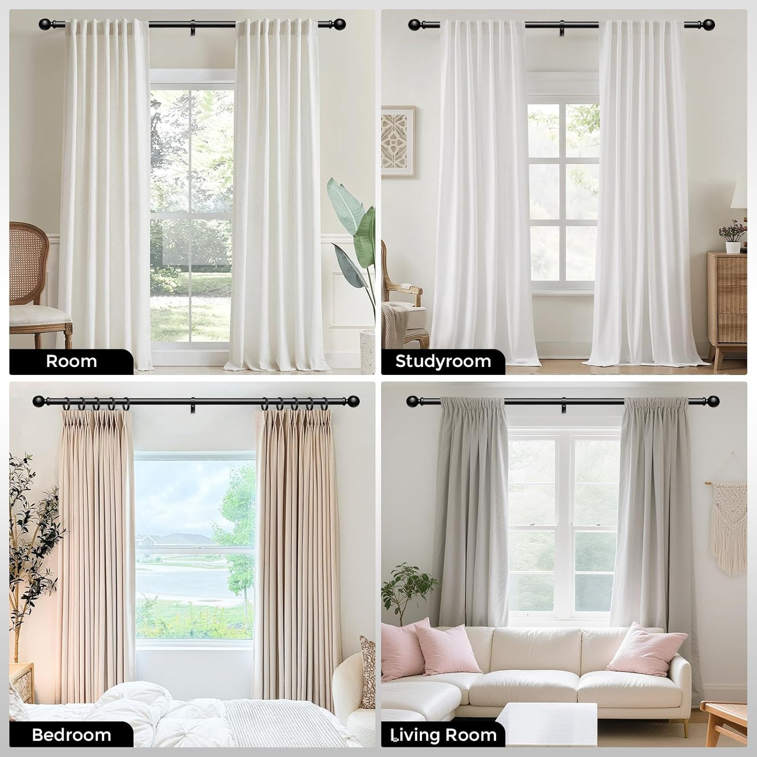 Long Curtain Rods 36-122 Inch, Black 1 Inch Adjustable Heavy Duty Curtain Rods f