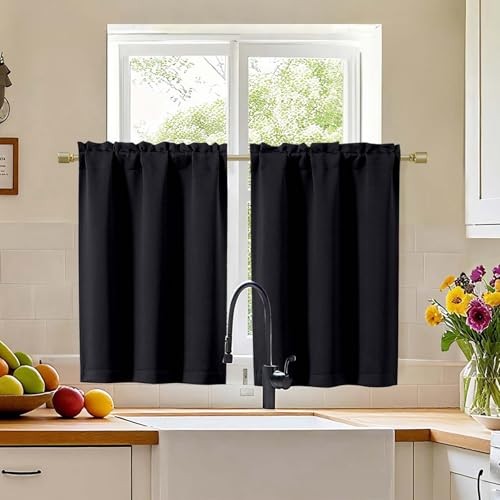 Short Curtains Tier 36 Inch Length 2 Panels Set, 30″W x 36″L (Pack of 2) Black